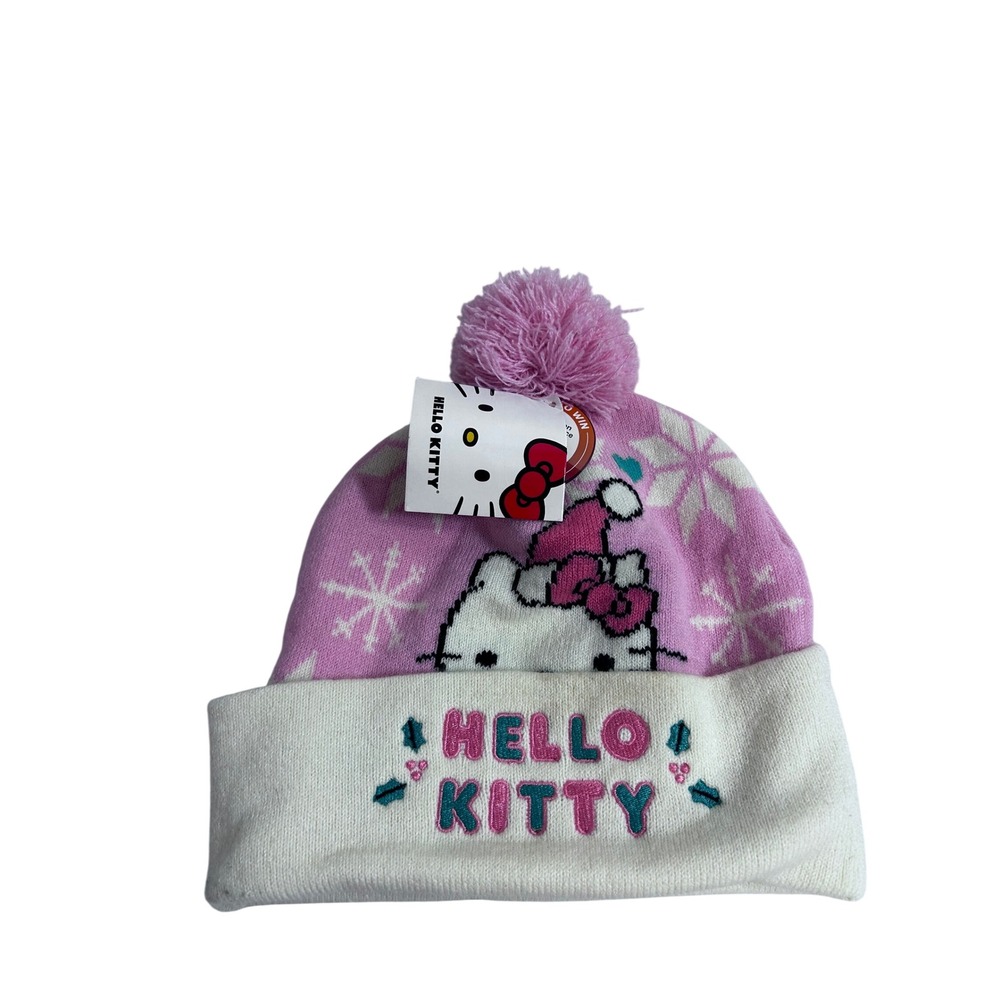Hello Kitty Beanie OS Pink White Snowflake Pom Pom Knit Hat Kids